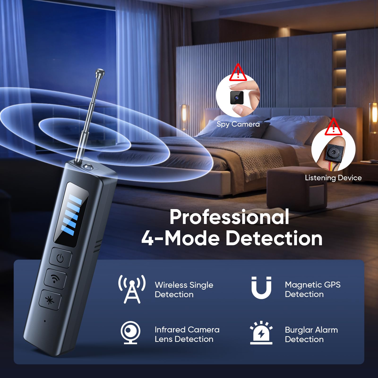 Detectores de cámara oculta, detección precisa de 4 modos | Detección de señal RF e infrarrojos, detector de rastreadores GPS, protección de privacidad, herramienta de seguridad