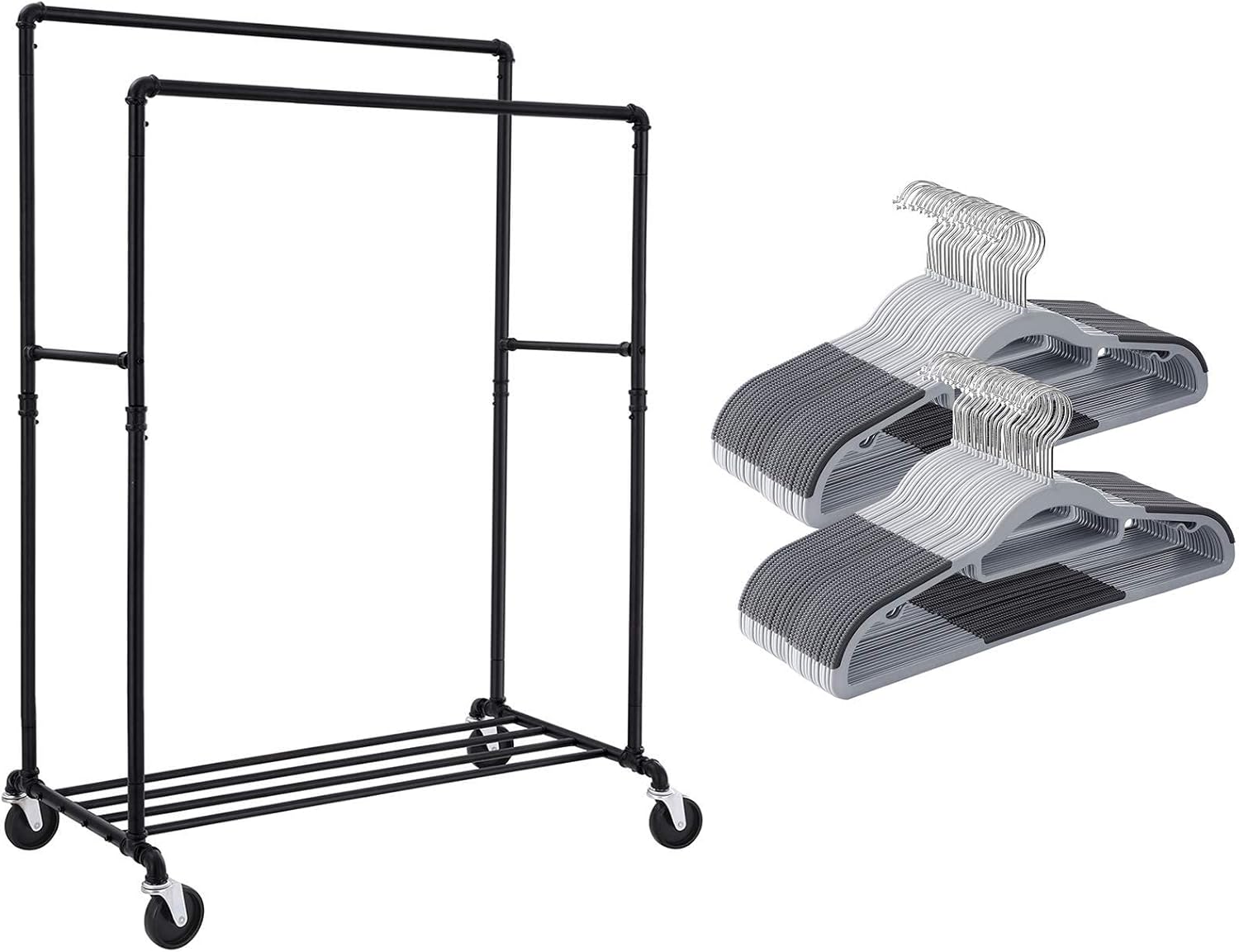 SONGMICS Industrial Pipe Clothes Rack Bundle with 50 Clothes Hangers, Rolling