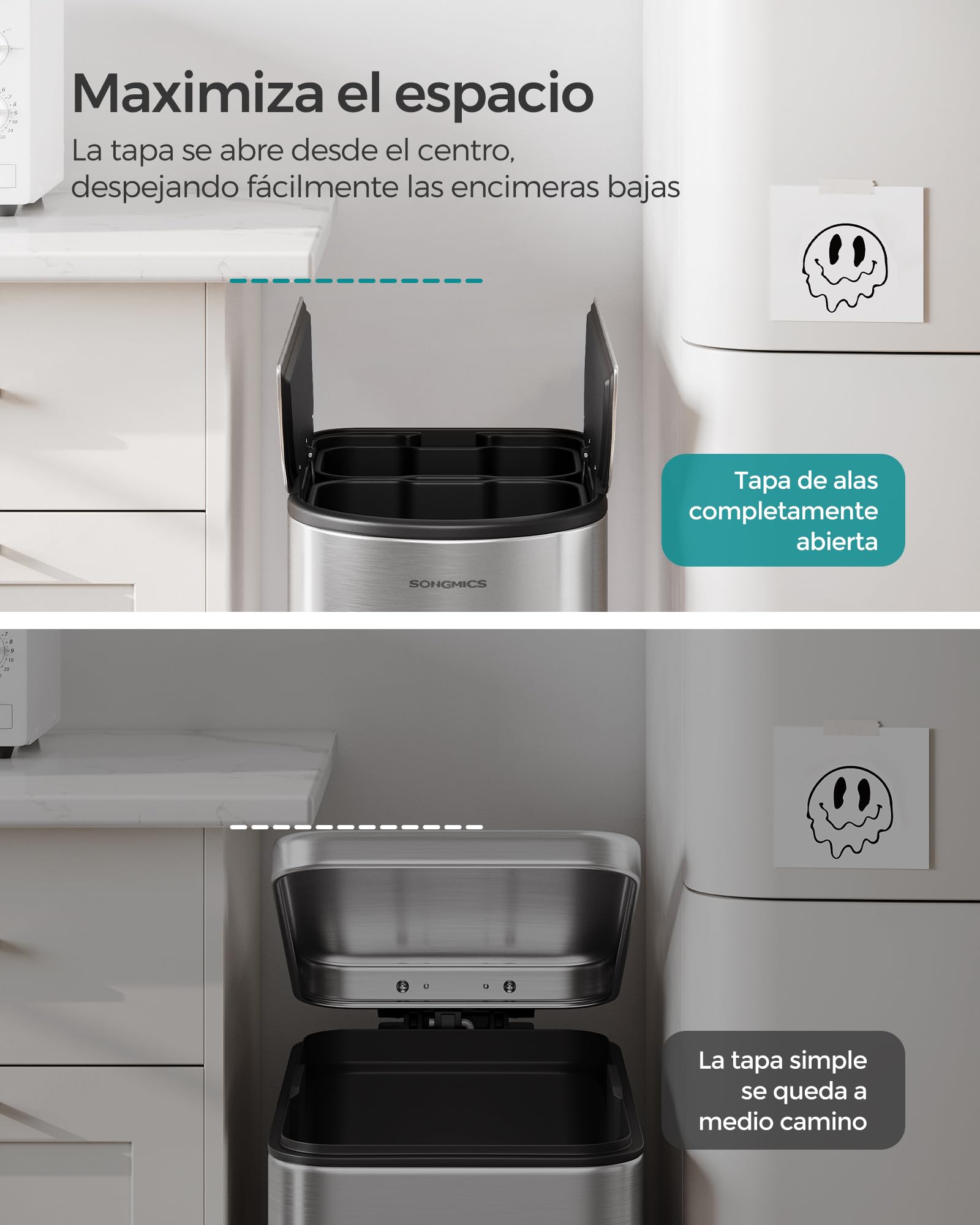 SONGMICS Cubo de cocina doble, 30 L y 20 L, doble compartimento, contenedor delgado para reciclaje y residuos, cubo de pedal con tapas de ala, plateado metálico LTB570E50