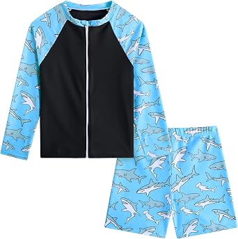 Boys Zipper Rash Guard Sets UPF 50+ with Short 3-9 Years