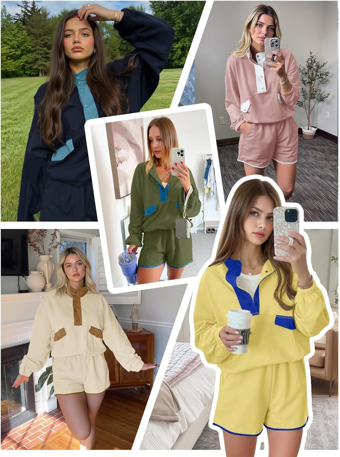 Fisoew Womens 2 Piece Sets Sweatsuits Casual Half Button Color Block Sweatshirts Running Shorts Tracksuits Fall Outfits - Image 5