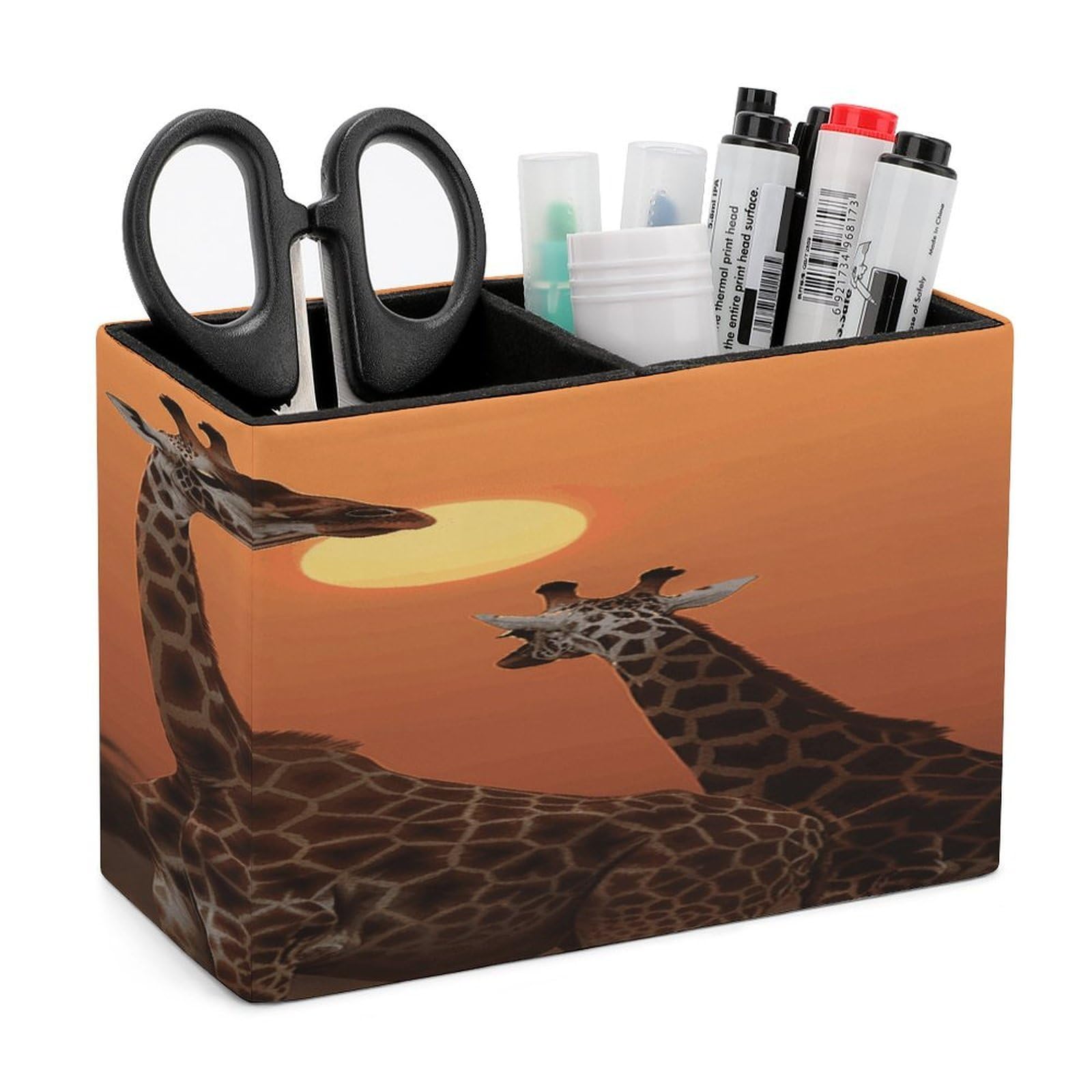 FekiLoot PU Leather Giraffe at Sunset Pen Holder for Desk 2 Compartments Desktop Stationary Organizer Rectangle Table Pencil Cup Stand Desktop Stationery Organizer Case for Office Home