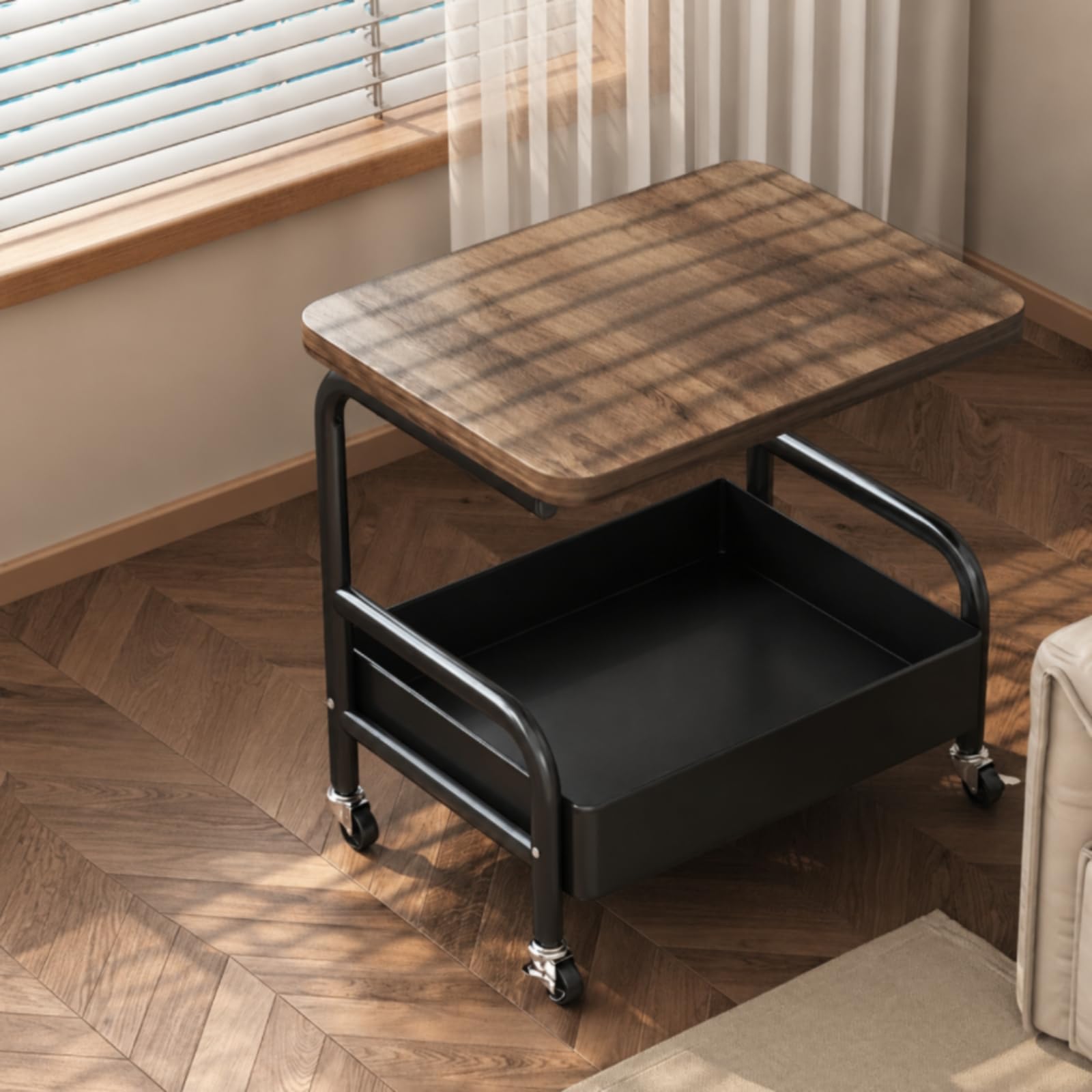 Baoblaze Chariot de Rangement Pliable avec Plateau en Bois, Noir Obsidienne