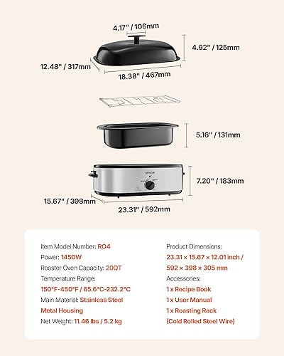 Miniatura 7 de VEVOR Horno asador, sartén eléctrica de 20 cuartos de galón, temperatura ajustable de 150-450  para asador de pavos de cocción rápida, horno de pavo