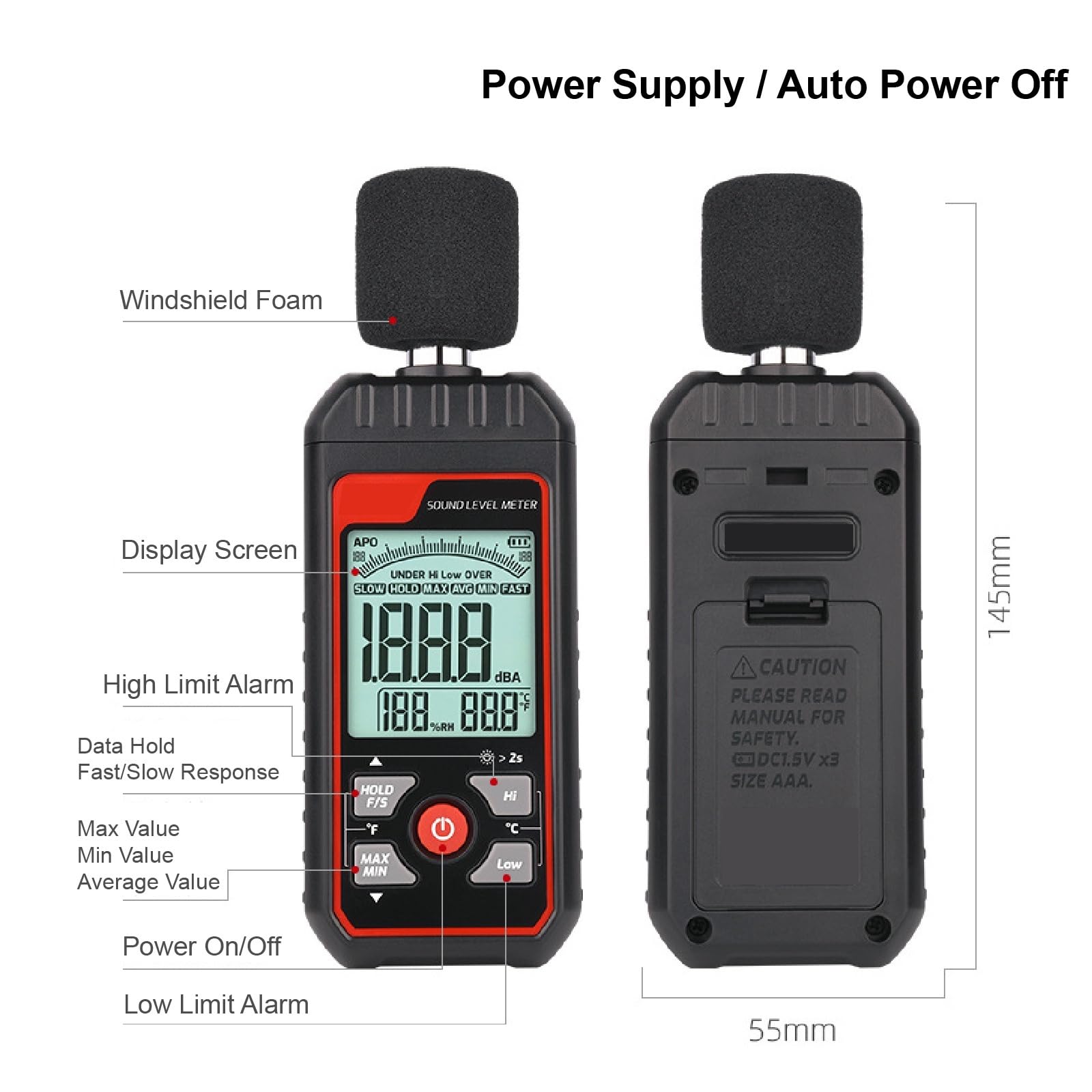Decibelmetro, Rilevatore di rumore 30~130dB Misuratore decibel livello sonoro Batteria Carica USB