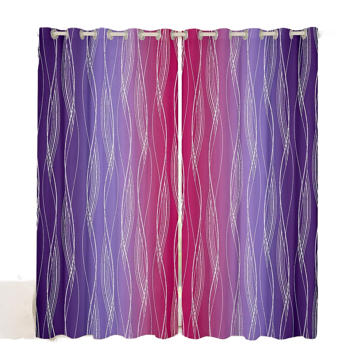 Homewish Abstract Ombre Blackout Curtains 46" Wx54 L Red Purple Gradient Curtains & Drapes Geometric Silver Striped Window Curtains For Bedroom Aesthetics Wavy Line Window Treatments 2 Panels