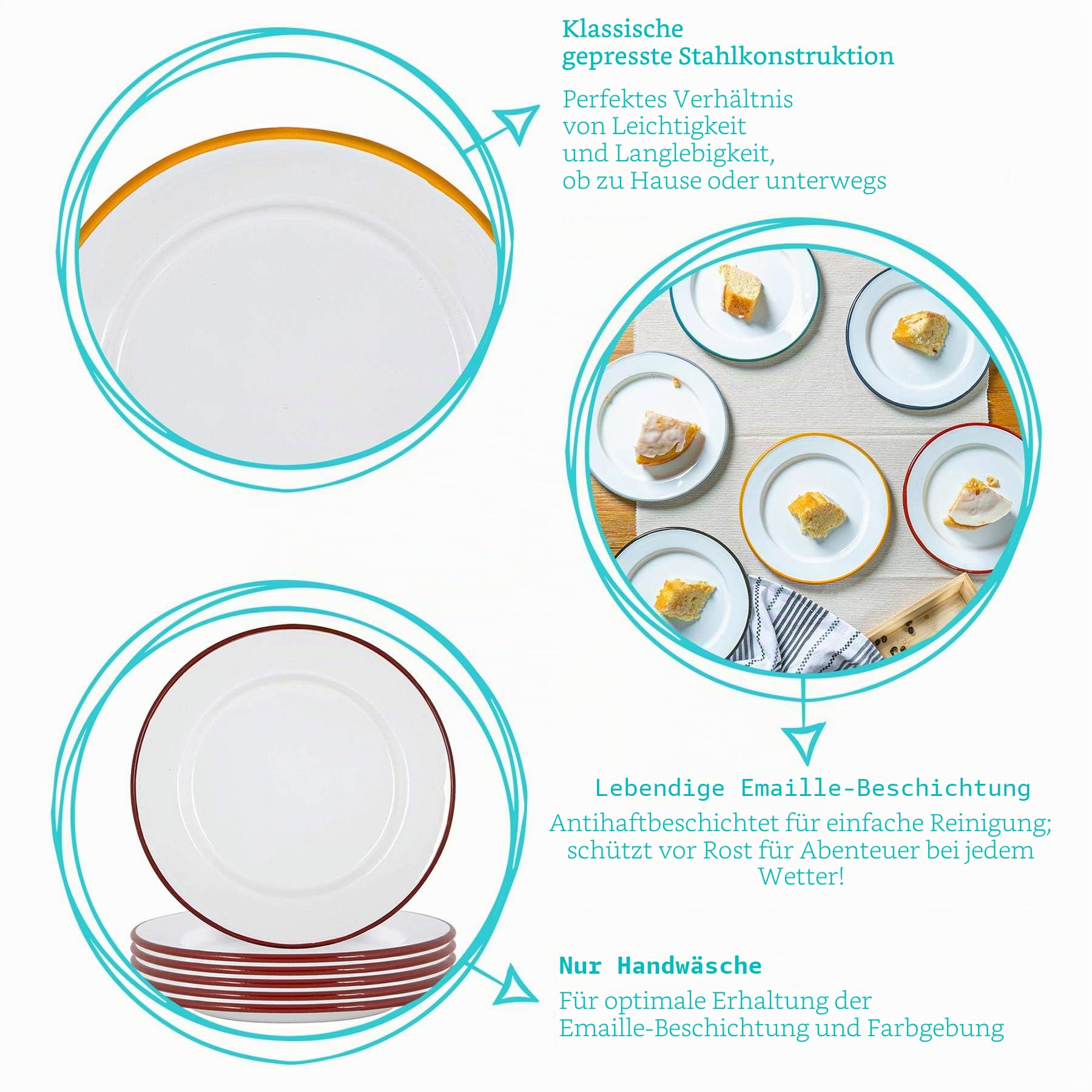 Argon Tableware Weißes Emaille -Abendessen - 25,5cm - 16pc - Weiß/Schwarz