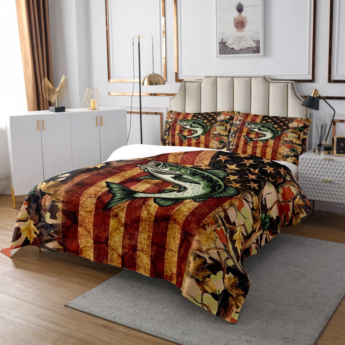 Erosebridal Camo Bass Fish Bedspread Set King American Flag Fishing Lake House Coverlet Set for Kids Adult Rustic Farmhouse Bedding Set Retro Tree Dead Branches Bed Set