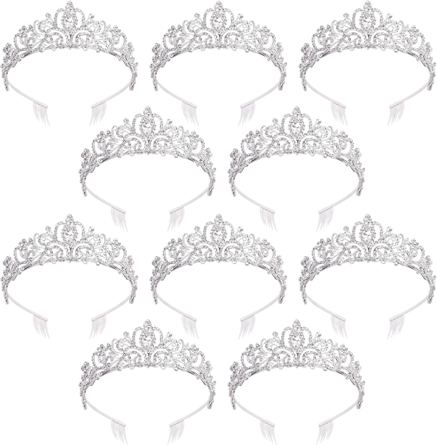 Set Of 10 Silver Crystal Tiaras And Crowns For Women, Bridal Alloy & Rhinestone Headbands With Combs For Weddings, Birthdays, And Parties