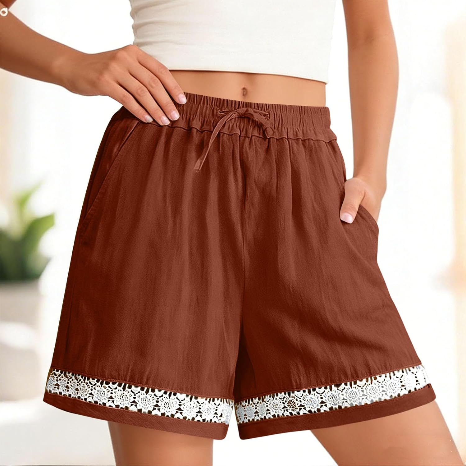 Summer Shorts for Women Cotton Linen Lace Shorts Cute Dressy Casual Bottom with Pockets Comfy Drawstring Loungewear