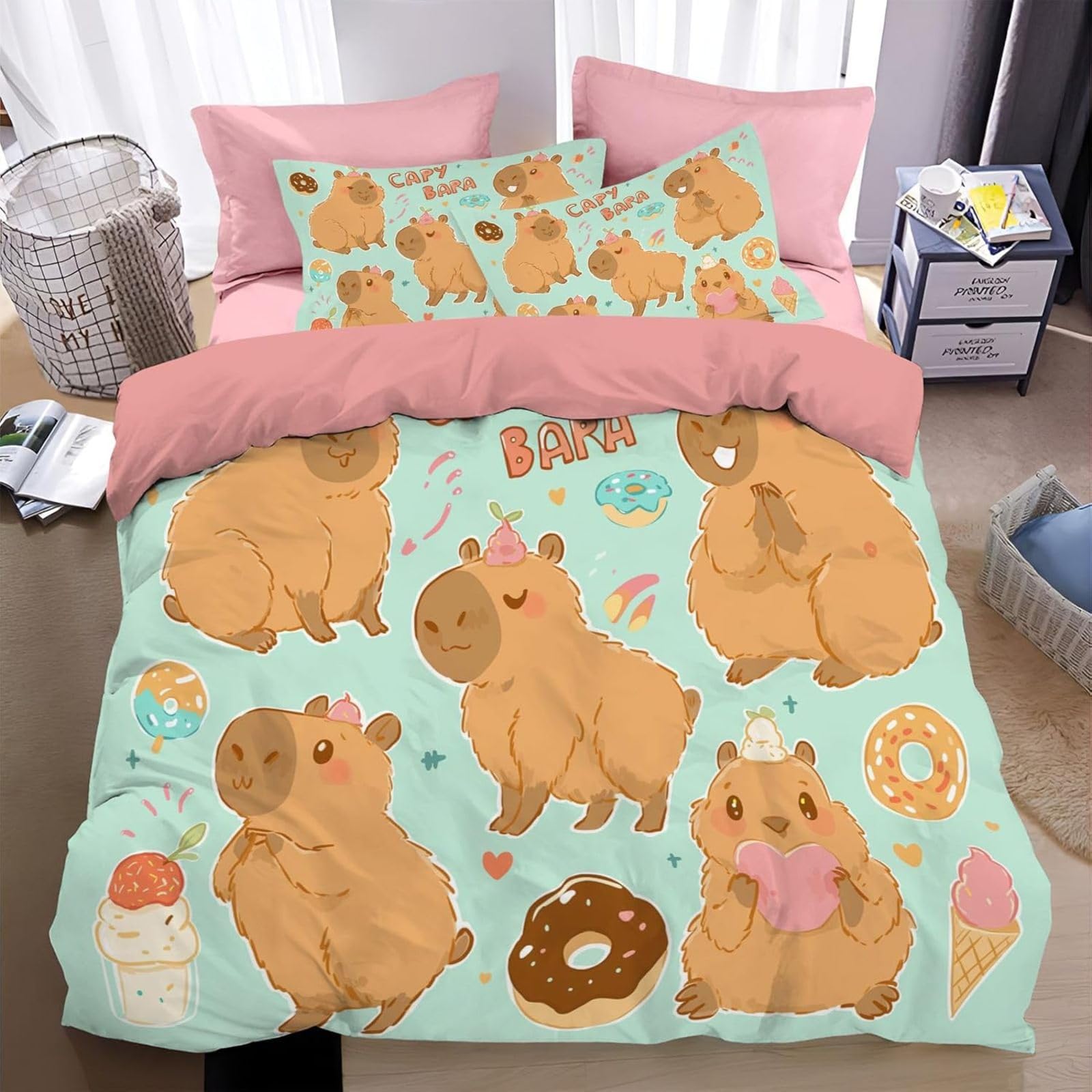 Podwójna poszwa na kołdrę 220 x 240 cm dorosły Capibara brązowy zestaw pościeli z ukrytym zamkiem błyskawicznym miękka antyalergiczna mikrofibra zestaw poszewek na kołdrę i 2 poszewki na