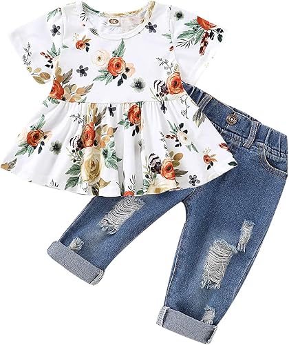 SANMIO Conjunto de ropa para niña, lindo conjunto de camiseta floral con mangas con volantes y pantalones de mezclilla rasgados