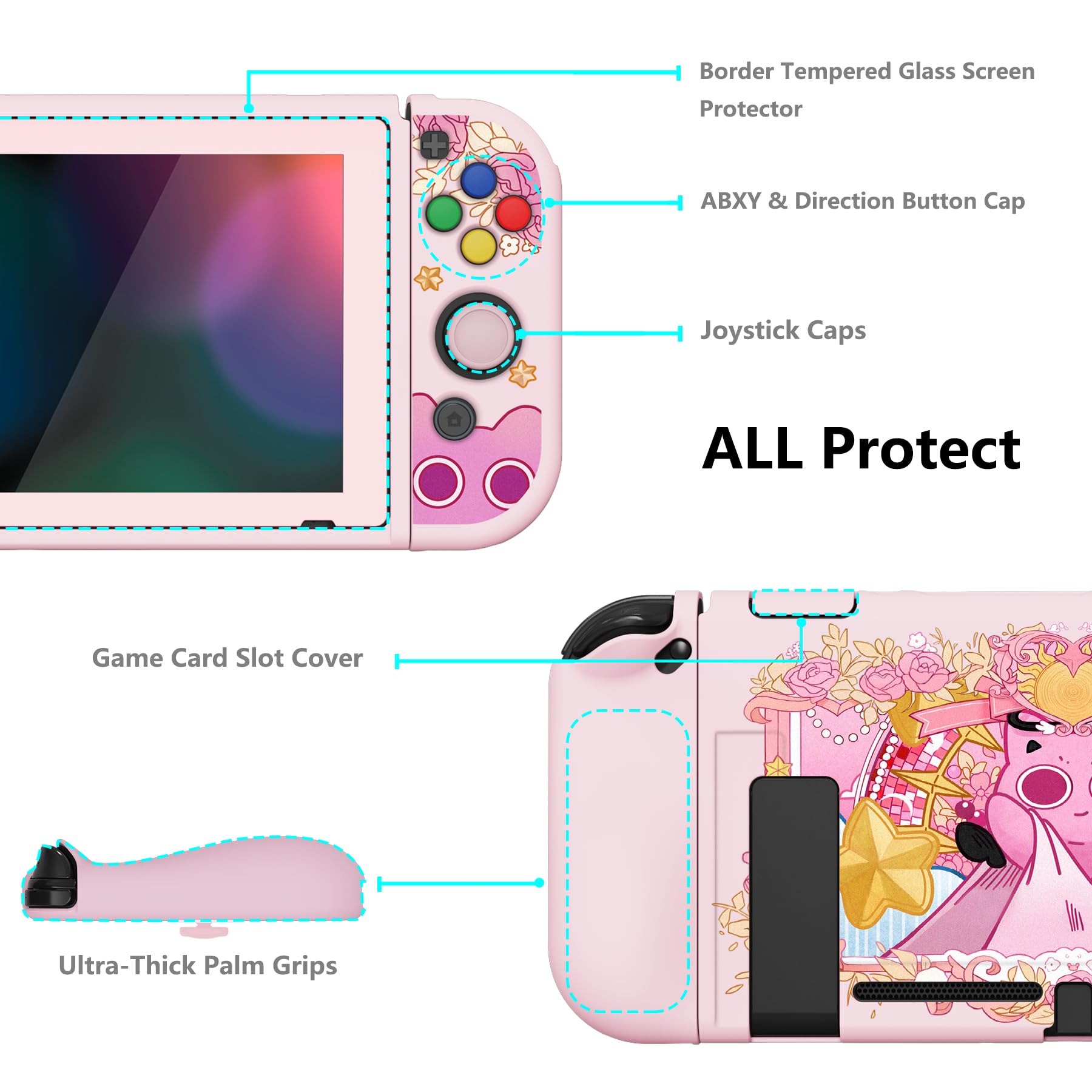 playvital Cover Custodia per Nintendo Switch,Copertura TPU Pellicola Vetro Temperato Protezione Copri Analogici Accessori per Joycon Console-ZealProtect-PP & Pink