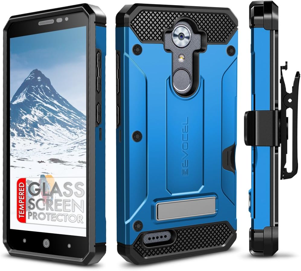 ZTE MAX XL Case, Evocel [Explorer Series Pro] Dual Layer Credit Card Case with Glass Screen Protector & Magnetic Kickstand for ZTE Blade Max 3/ ZTE Blue Max/ZTE N9560/ ZTE Z986/ ZTE N986, Blue