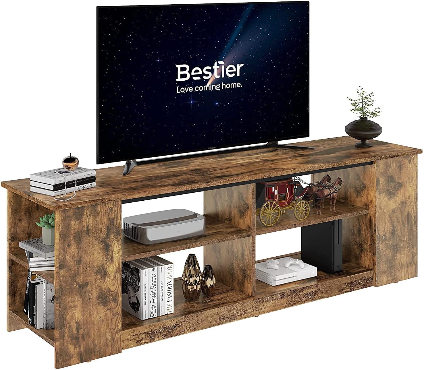 Bestier TV Stand for 55 inch TV, Entertainment Center for TV up to 65+ inch, Wood TV Console with Shelves, Rustic Brown