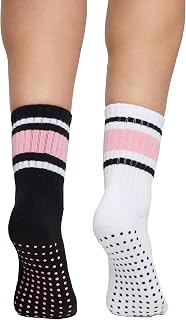 womens Ava Striped Crew Striped Pilates Socks With Non-slip Grip, 2-pack