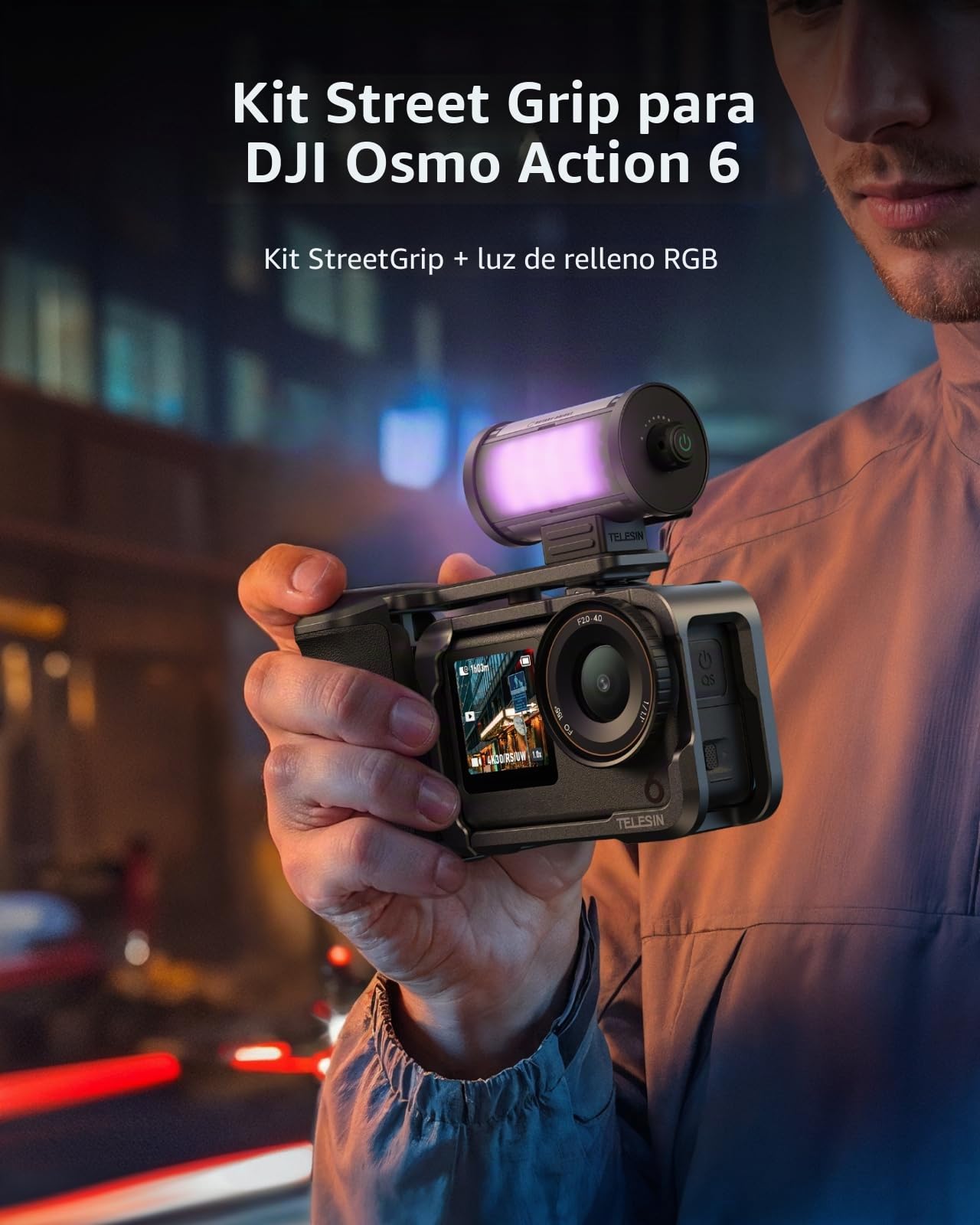 TELESIN Kit de empuñadura de aleación de Aluminio para dji Action 6 con Jaula Protectora metálica & luz de Video RGB magnética, luz LED portátil con difusor, CRI 95+, Soporte Cold Shoe, Accesorios