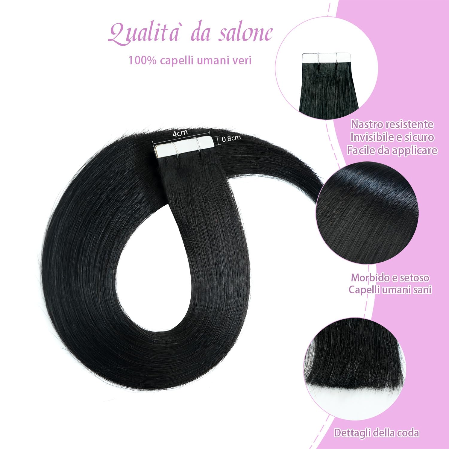LieblichWelle Extension Capelli Veri Biadesivo Jet Nero 50 cm, 20 pz, 50 g, Salon-Grade Qualità, Facili Comode da Indossare Per le Giovani Donne (Jet Nero, 50 cm)