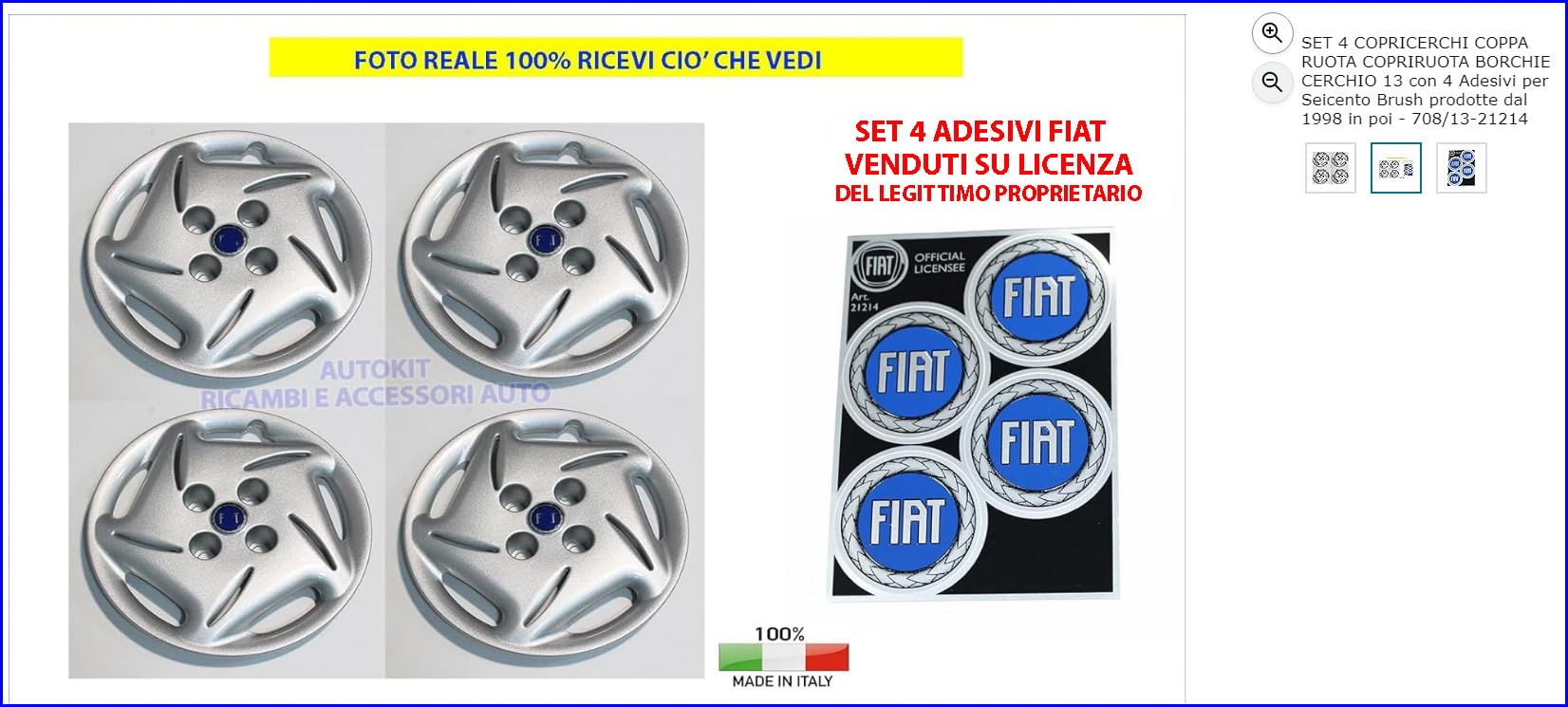 SET 4 COPRICERCHI COPPA RUOTA COPRIRUOTA BORCHIE CERCHIO 13 con 4 Adesivi per Seicento Brush prodotte dal 1998 in poi - 708/13-21214