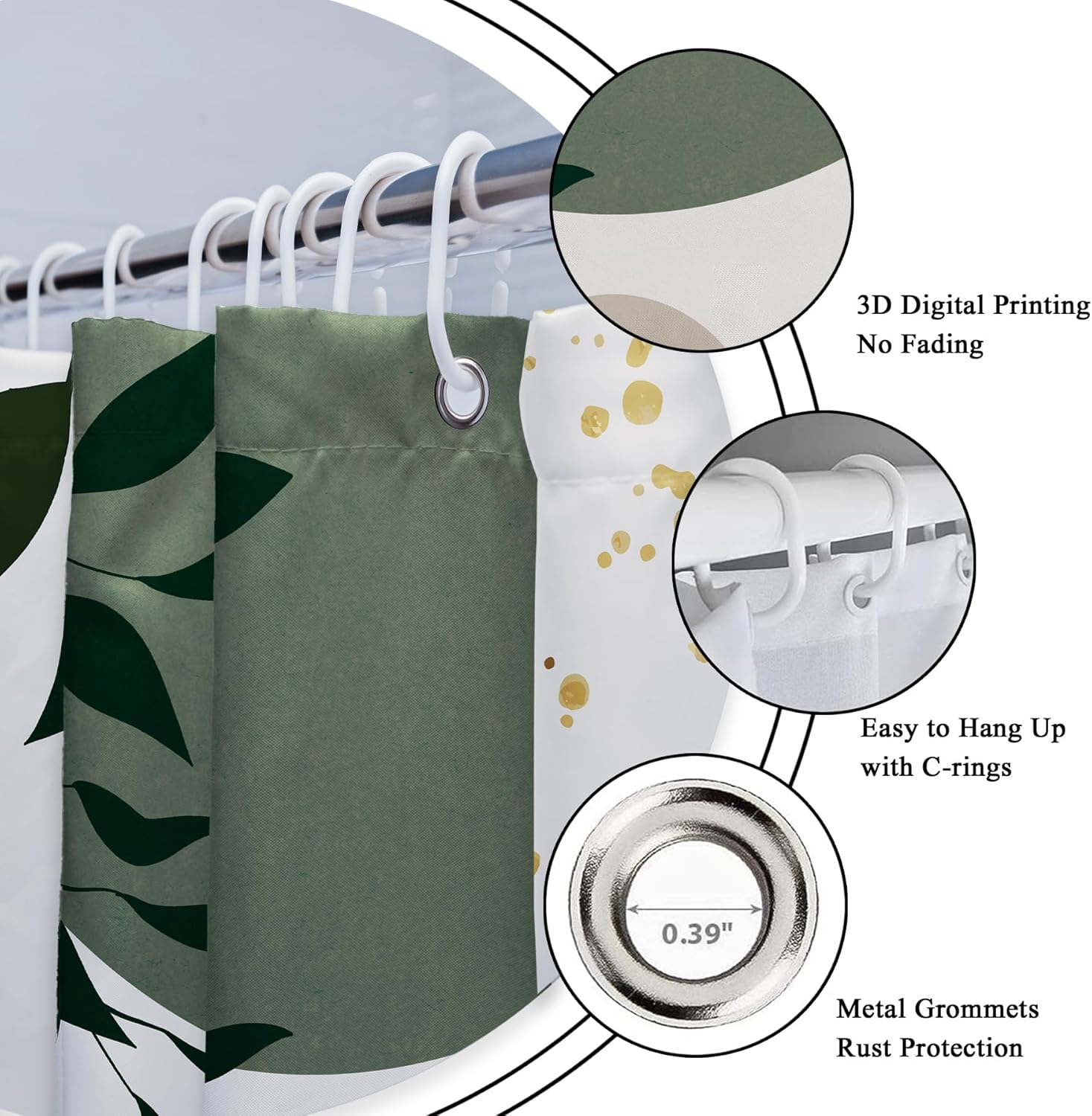 Riyidecor Extra Long Shower Curtain for Bathroom Decor 72Wx84H Sage Green Boho Mid Century Modern Abstract Gold Leaves Minimalist Geometric Art Printed Fabric Polyester Waterproof 12 Pack Plastic Hook