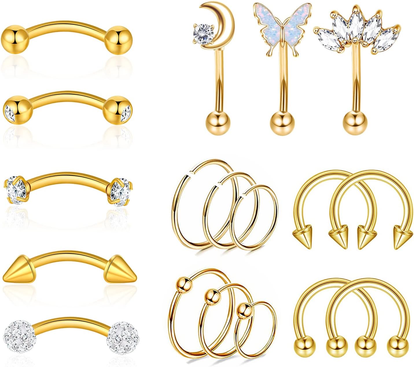 YACHY 18Pcs 16G Eyebrow Piercing Jewelry for Women Men, Eyebrow Rings Rook Earrings Rook Piercing Jewelry Belly Lip Ring Curved Barbells Eyebrow Piercing Cartilage Daith Helix Tragus Body Piercings