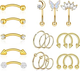 18Pcs 16G Eyebrow Piercing Jewelry for Women Men, Eyebrow Rings Rook Earrings Rook Piercing Jewelry Belly Lip Ring Curved Barbells Eyebrow Piercing Cartilage Daith Helix Tragus Body Piercings
