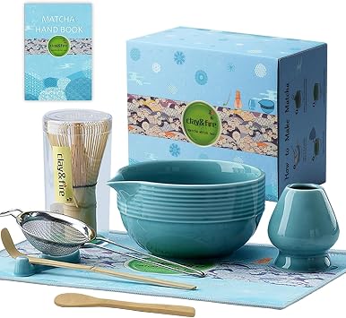 Clay&Fire Matcha Whisk Set, Ceramic Matcha Set, Matcha Bowl with Spout and Whisk, 9 pcs Matcha Tea Kit for Matcha Lovers, Ideal Gift Christmas, Birthday Blue