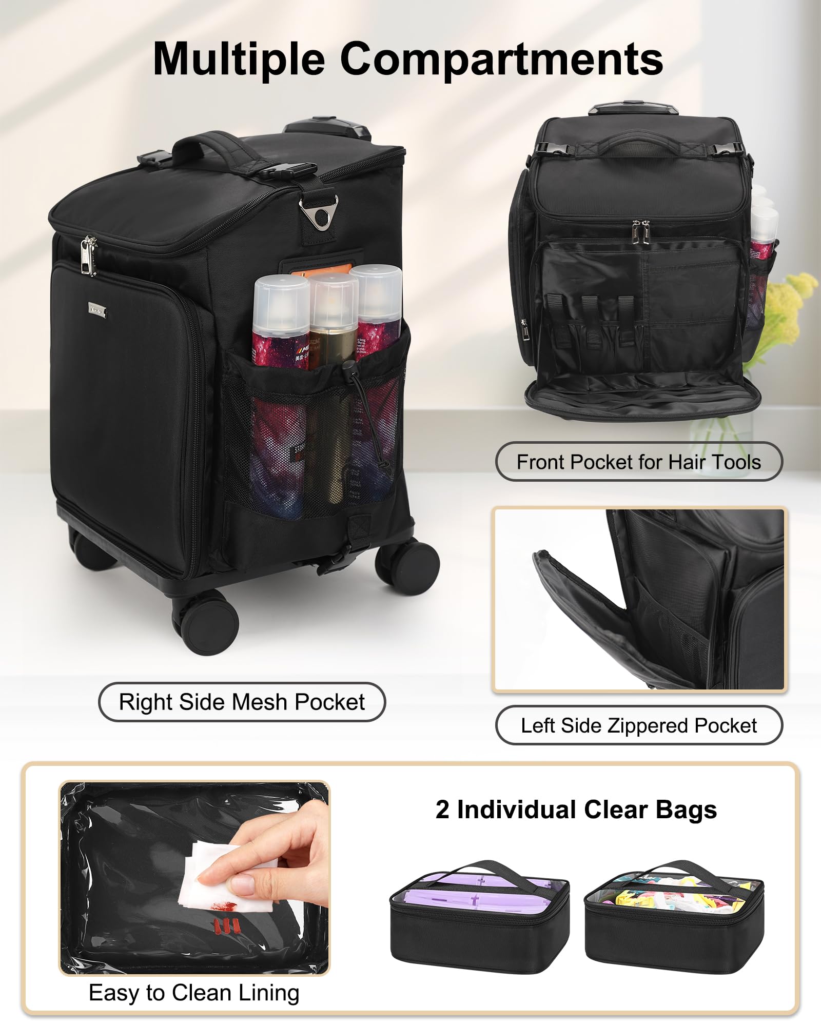 Relavel Maletín de maquillaje con ruedas para el pelo, bolsa de viaje con 2 compartimentos transparentes, bolsa de peluquería profesional para artista de maquillaje, organizador de peluquería con