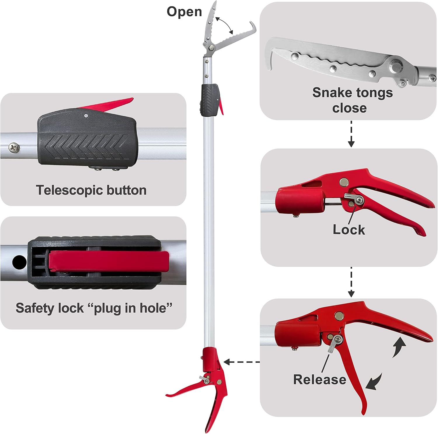 3.7-5 FT Snake Grabber Telescopic with Hooks, Rattle Snake Catcher Tool, Long Handle Reptile Wide Jaw Tongs
