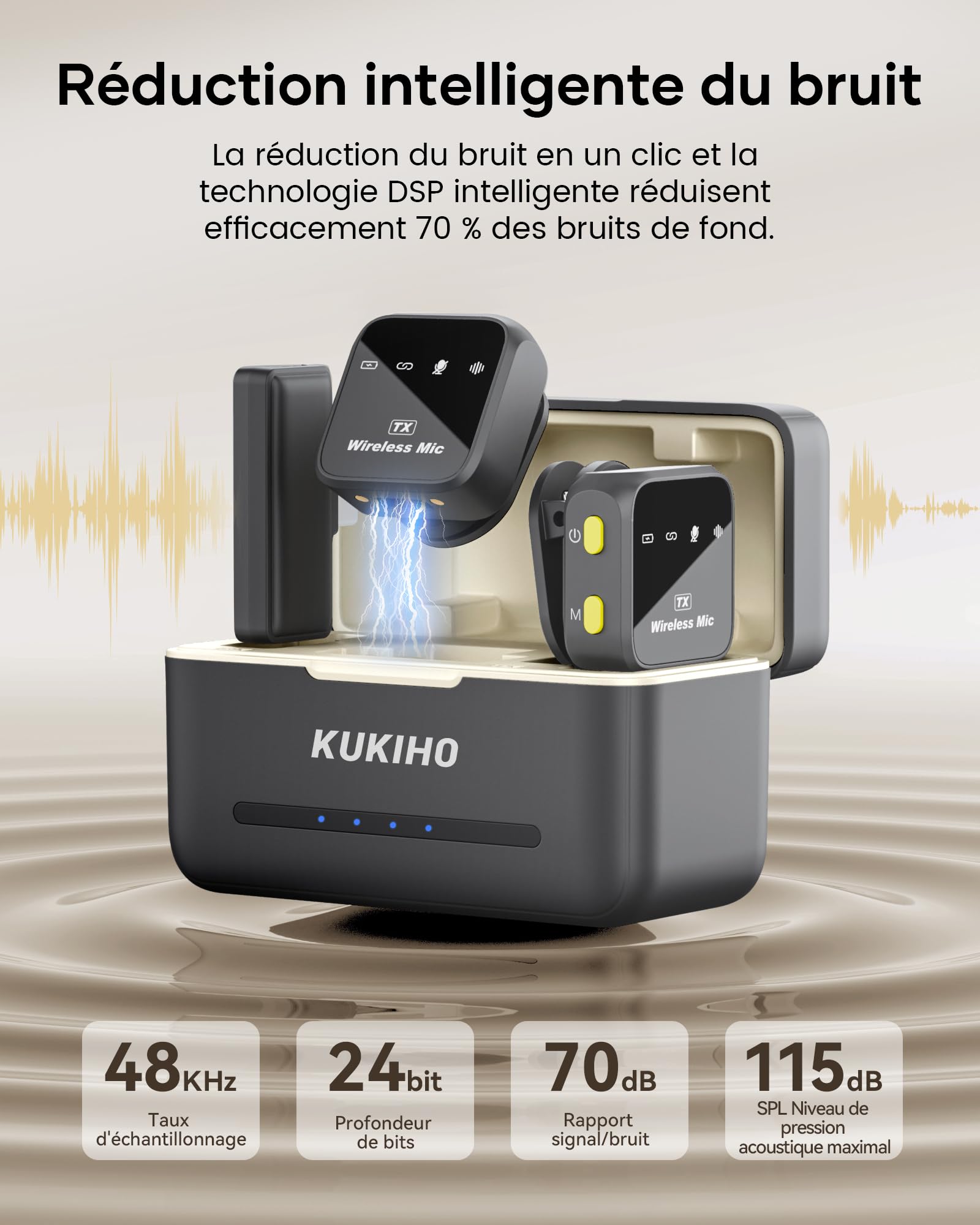 KUKIHO Microfono inalambrico Mini de Solapa para iPhone y Android，Microfono de Clip para Video/Vlogs/Youtube/TikTok Podcasts Estuche de Carga, 80h de autonomía, 50m Alcance.