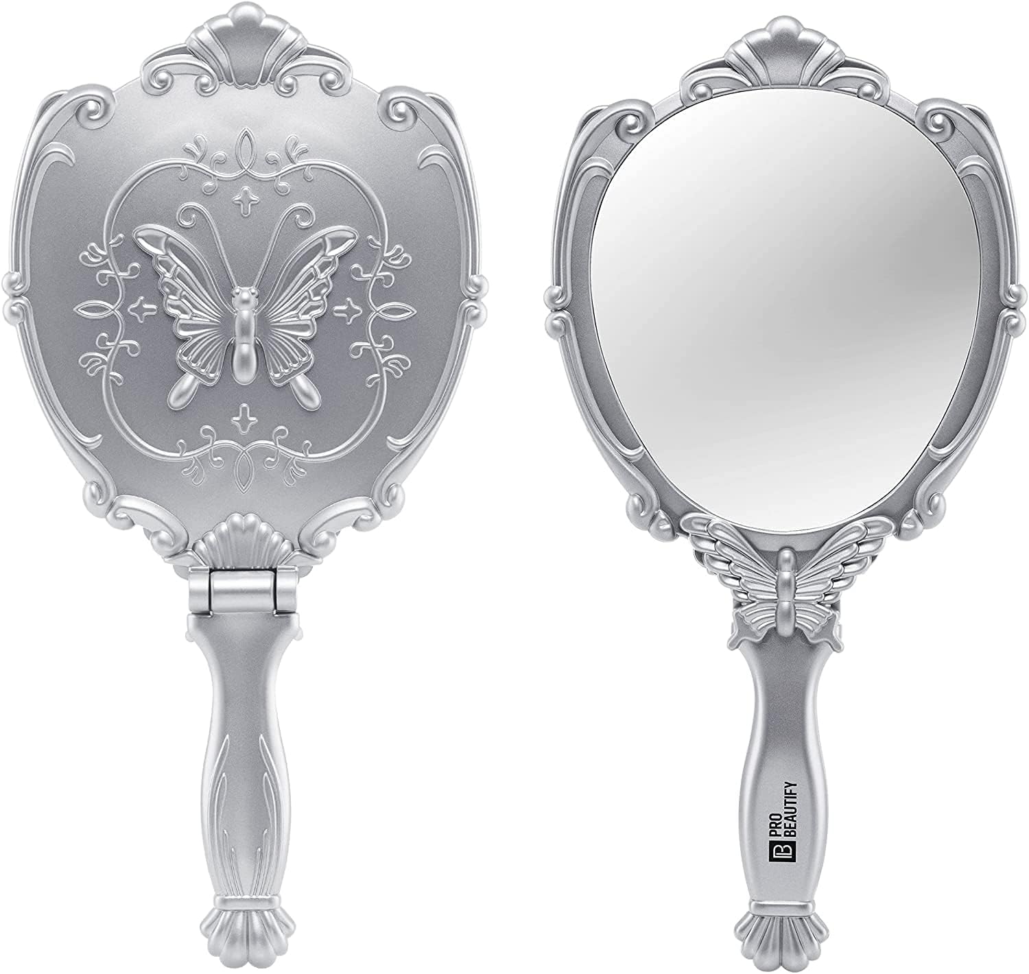 Probeautify Decorative Hand Held Mirror - Beautifully Butterfly Design Hand Mirrors with Handle - Lightweight Mirror - 180 Degrees Full Folding Portable Mirror - Travel Makeup Mirror (Silver) : Beauty & Personal Care