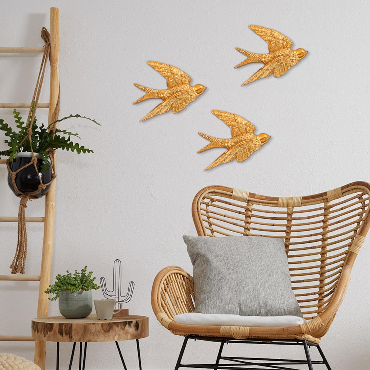 Alipis Lot de 3 sculptures murales d'hirondelle en résine dorée - Décoration murale 3D sculptée pour maison, chambre à coucher, jardin
