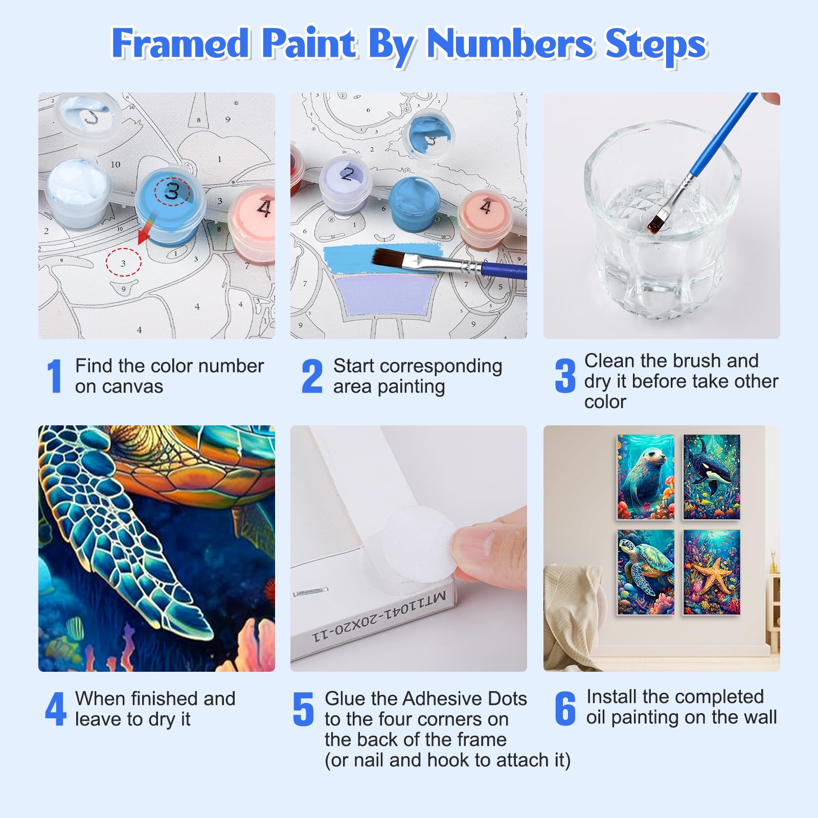 NAIMOER 4 Pezzi Animale Marino Dipingere con i Numeri Adulti Bambini con Cornice Detentore, Tartarughe Marine Squali Paint by Numbers Decorazione Regalo 20x30cm