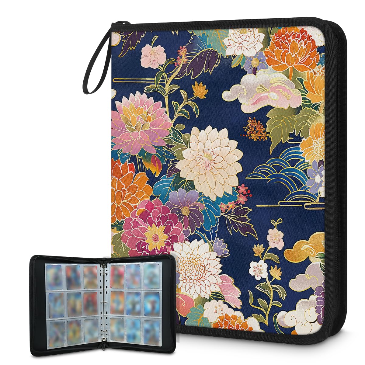 Classeur de cartes à collectionner 9 poches, 900 poches avec fermeture éclair (fleurs florales classiques japonaises)