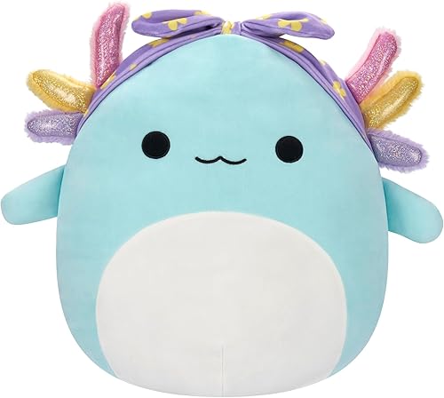 Squishmallows Original Irina Teal Axolotl de 16 pulgadas con branquias arcoíris y bandana morada - Peluche grande oficial de Jazwares