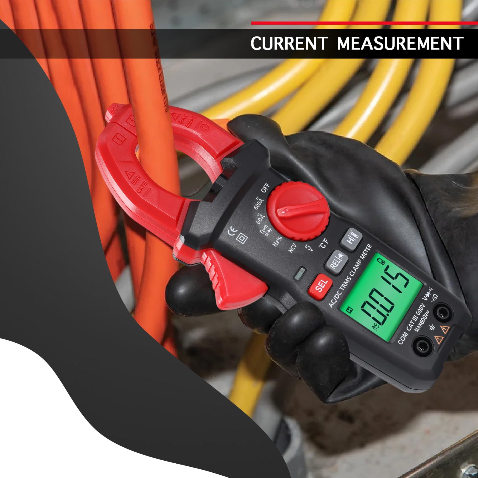 Pinza Amperometrica Multimetro Corrente AC/DC con Sonda Temperatura, Tester NCV Tensione Senza Contatto, Auto-Range 6000 Counts, Frequenza, Resistenza, Capacità – Per HVAC, Auto, Elettricità