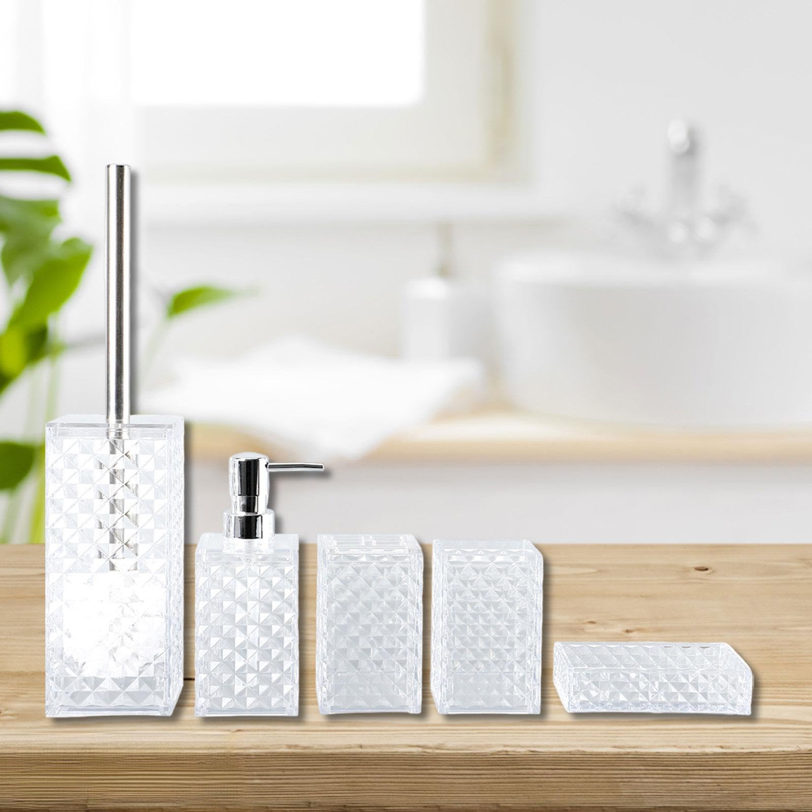 KESOTO Juego de 5 Accesorios de Baño, Jabonera, Dispensador de Cepillos de Dientes, Cristal, Fabricado en PP, Fácil de Limpiar, Apto para Regalo, Apartamento, Blanco, Individual