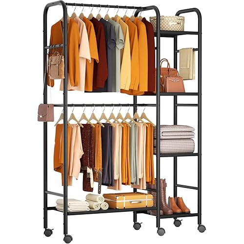 Portable Closets For Hanging Clothes,Wardrobe Closet Racks For Hanging Clothes,Sturdy Clothes Rack Heavy Duty,4-Tier Metal Freestanding Clothing Racks With Shelves, 45" X 16" X 69"