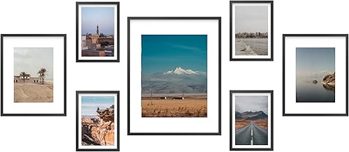 FrameWorks 7 portarretratos contemporáneos de aluminio negro de lujo con vidrio templado, incluye cuatro de 5 x 7 pulgadas, dos de 8 x 10 pulgadas y