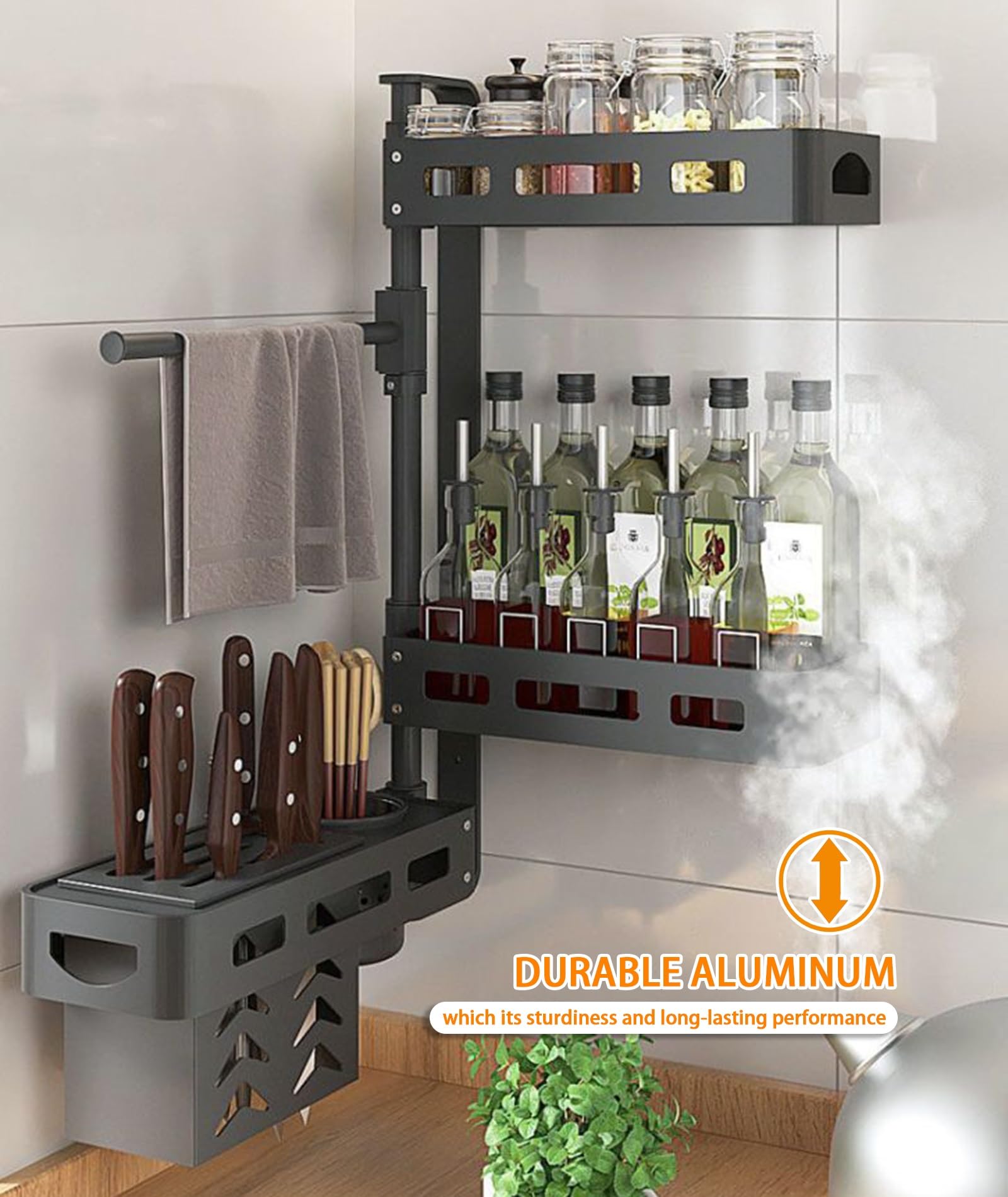 Especiero Giratorio de 4 Niveles Montado en la Pared Porta Condimentos Grande de Metal para Cocina Baño Estante Organizador de Especias Altura Ajustable