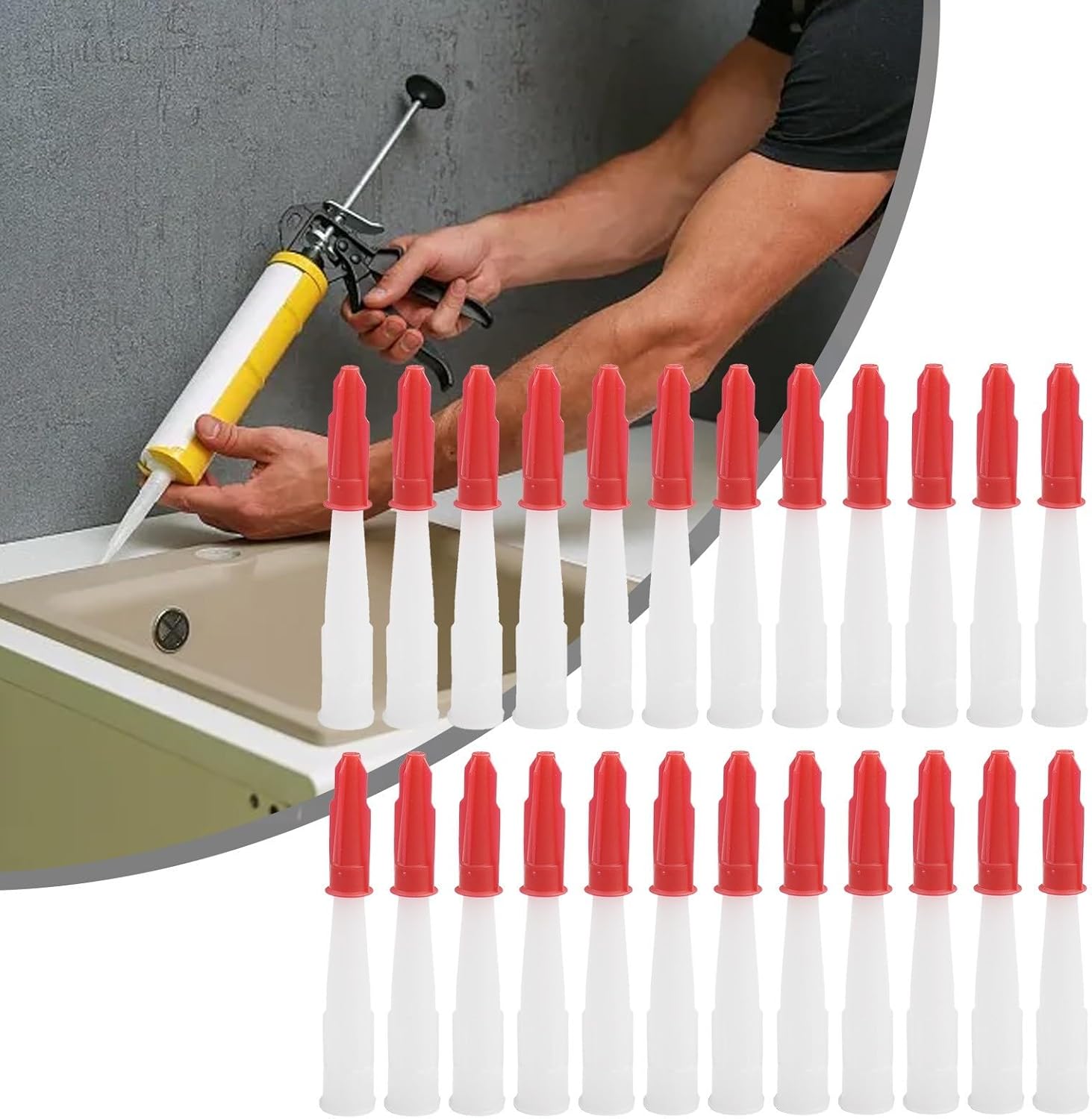 24-Pack Reusable Silicone Caulk Nozzles with Red Sealing, Flexible Sealant Tube Tips Corners and Seams, Prevents Clogging and Waste, White Dispenser Attachments