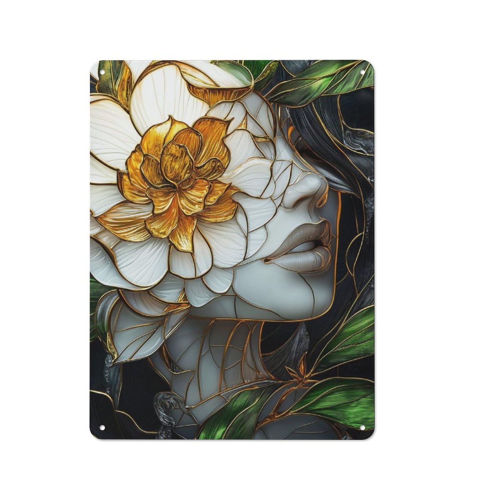 Junmoney Flower Woman Stained Glass Metal Plaque 40X30cm With For Garage Wall, Vintage Decor, For Vintage Wall Decor Fans, For Metal Sign Collectors