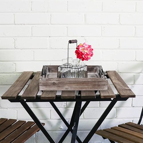 Vista 4 de Asense 2 bandejas de madera rústica para servir alimentos, plataforma de exhibición de madera anidada con asas de metal, platos de decoración