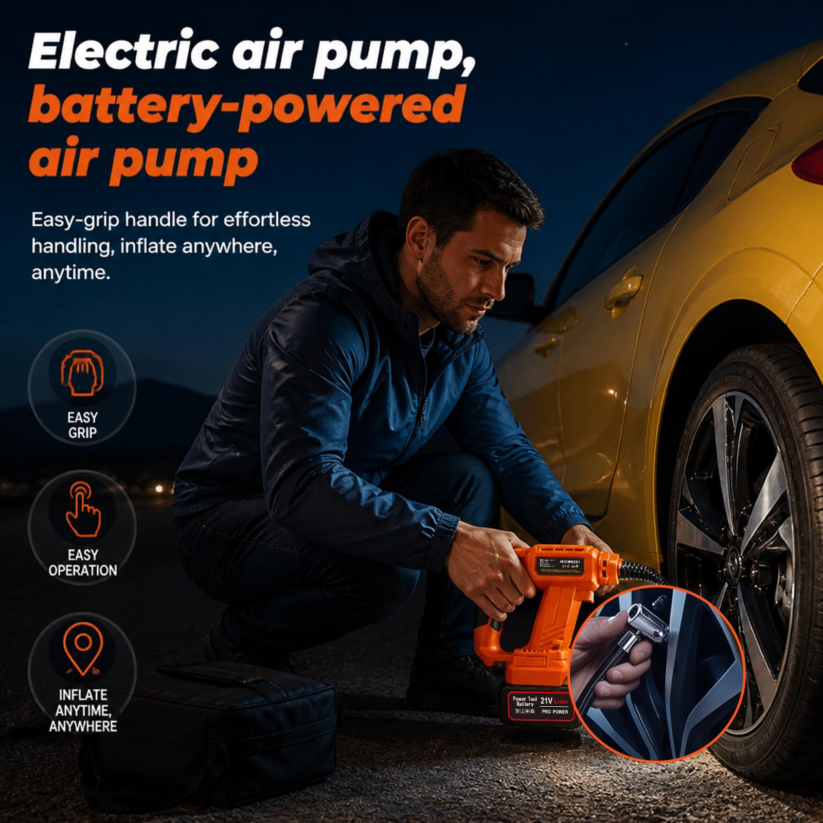 Kabelloser Auto-Luftkompressor, Luftkompressor mit Li-Ionen-Akku, Autoreifen-Pumpe mit LED-Licht für Autos, Motorräder, Fahrräder Sportbälle