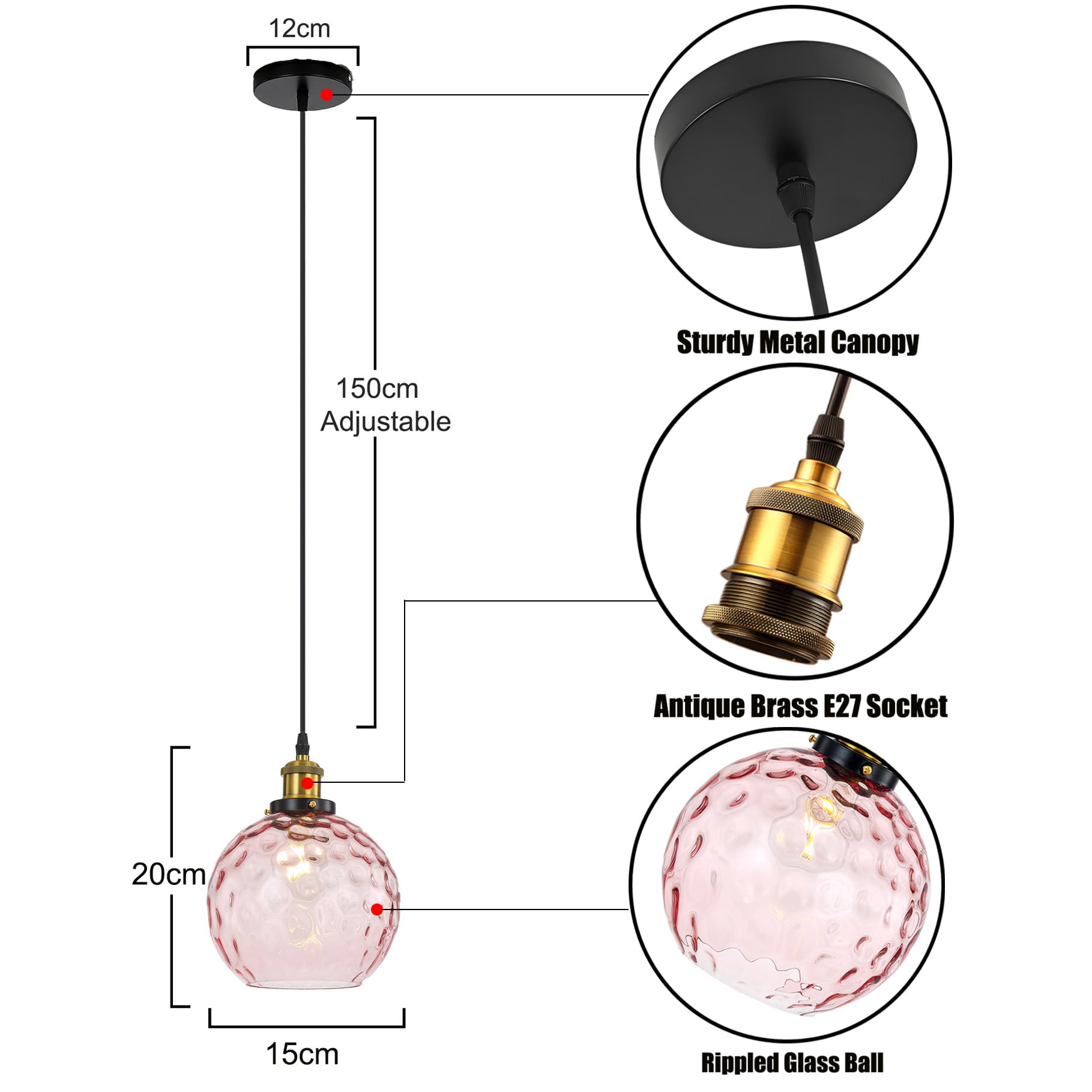 LFsem Vintage E27 Pendant Light with 15cm Rippled Glass Ball, Industrial Retro Height Ajustable Hanging Ceiling Lamp for Bedroom, Dining Room, Cafe and Restaurants (Pink) - Image 2
