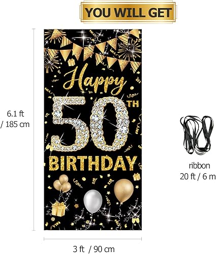 Miniatura 2 de Decoración de cumpleaños número 50 para puerta, decoración de feliz cumpleaños 50 negro y dorado para mujeres y hombres, decoración de póster,