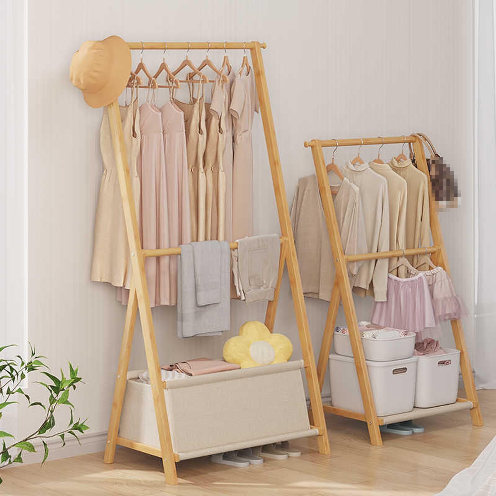 Appendiabiti triangolare in bambù con borsa portaoggetti stabile per ingresso nizer per corridoio camera da letto (marrone, 79 x 44 x 116 cm) elegante e funzionale Perchero per la casa