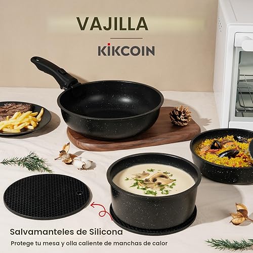 Miniatura 8 de KIKCOIN Juego de 20 ollas y sartenes antiadherentes, con mango desmontable, antiadherentes, no tóxicas, juego de cocina para autocaravana con asas