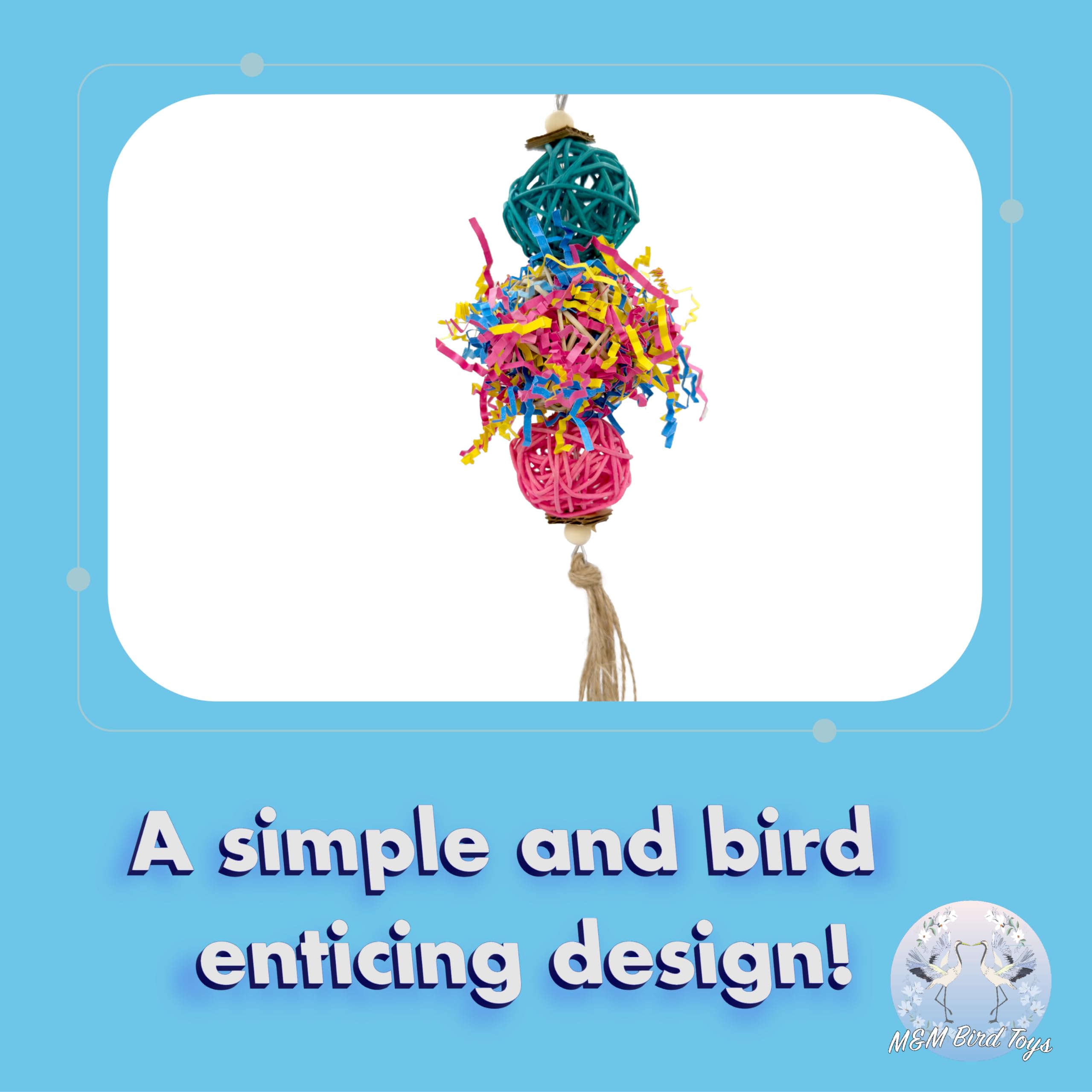 1701 Rainbow Rattan Bird Toy with Jute and Crinkle Paper – Shredding and Foraging Fun for Parakeets, Cockatiels, Conures, and Small Parrots – Natural Bird-Safe Toy for Cage Enrichment - image 6