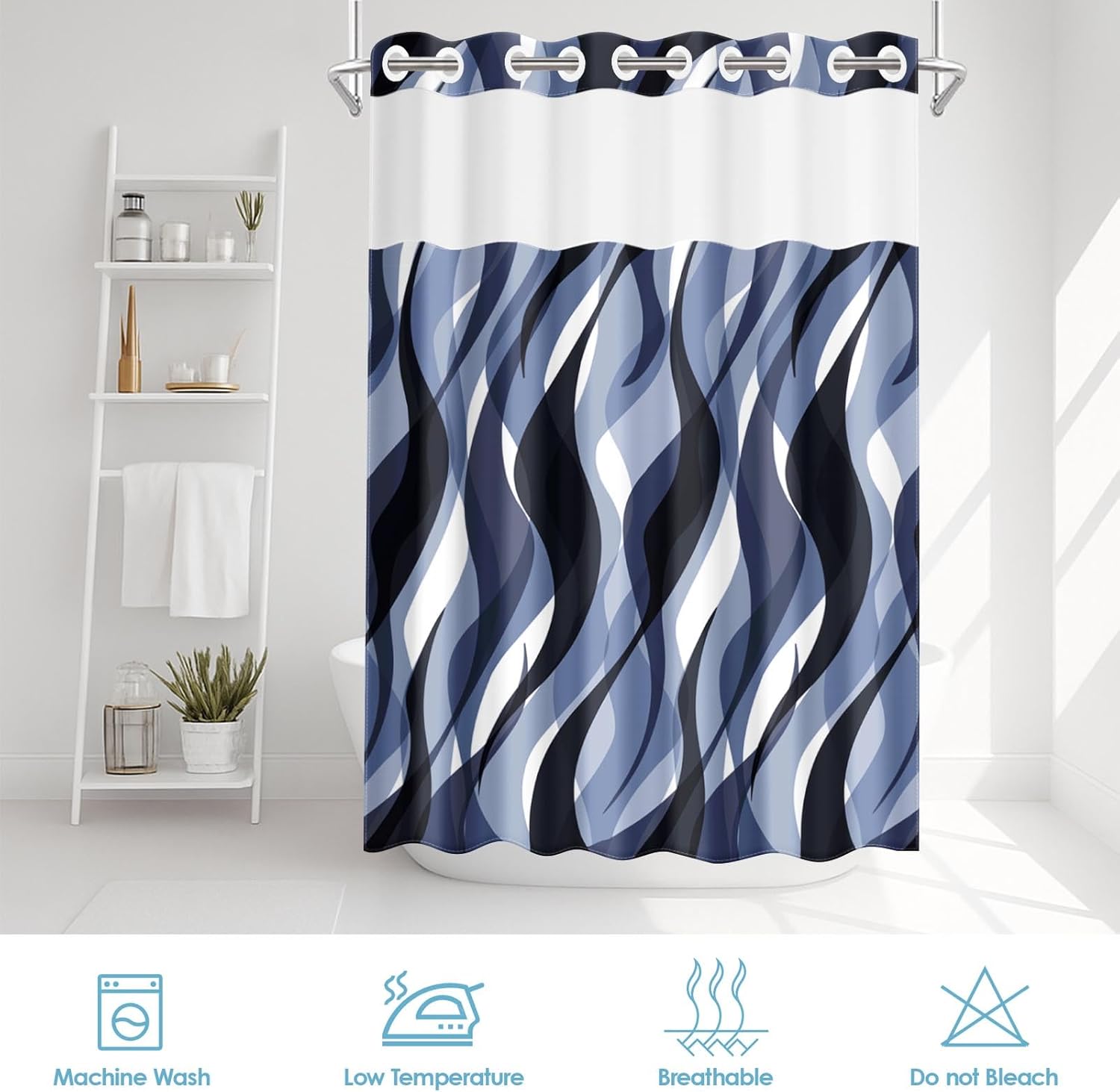 No Hook Blue Shower Curtain with Snap in Fabric Liner Set, Modern Abstract Striped Double Layers Waterproof Fabric with See Through Top Window Open Grommet Bath Curtain 71x74 Inch